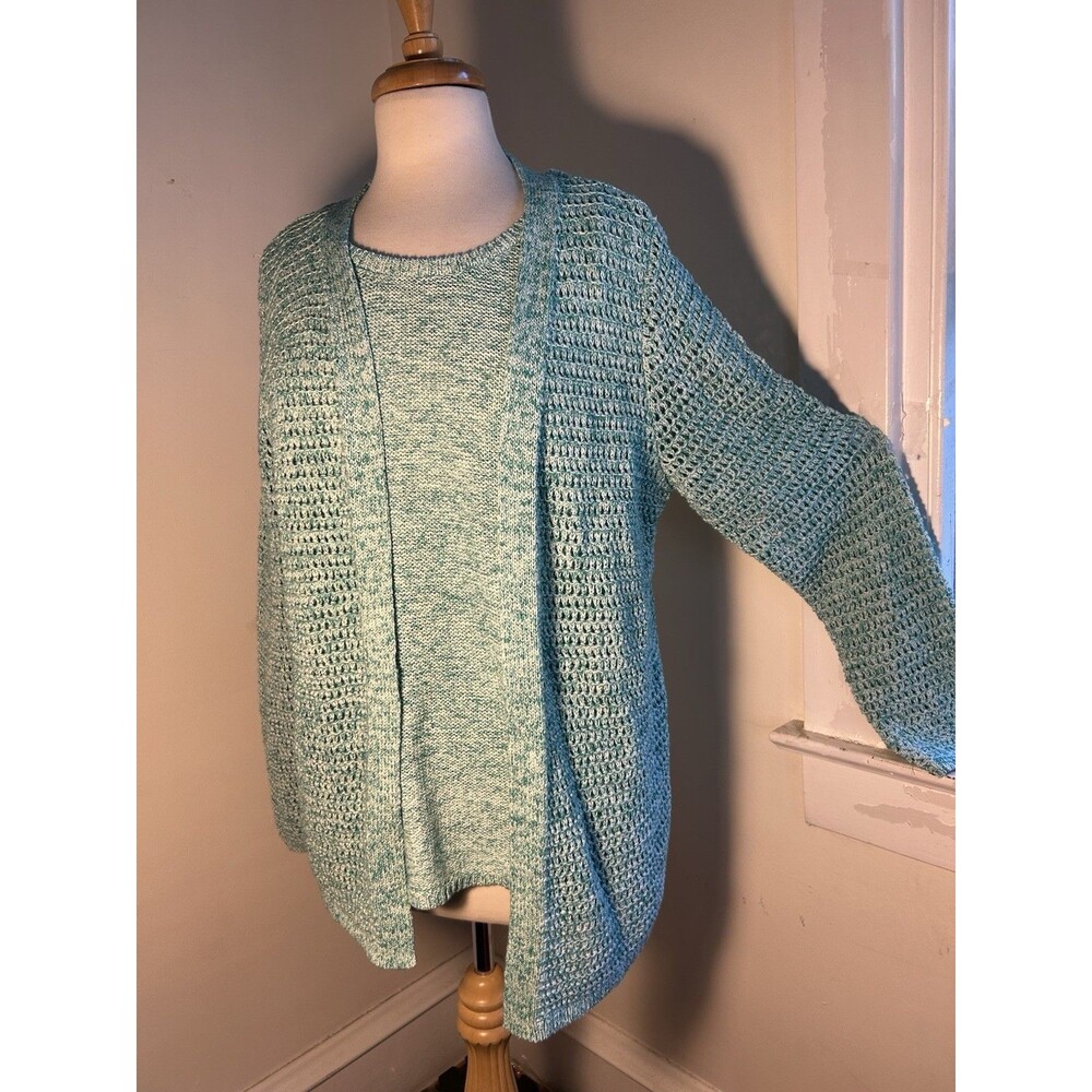 2 Piece J.Jill Wearever Crocheted Size Medium Knit Cardigan & Sweater Tank Green